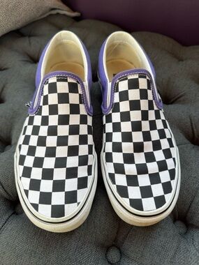 Vans Customs Black & White Checkerboard Slip-Ons with Purple Accents